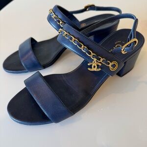 Chanel EU 37.5 Navy Blue CC Charm Logo Heels Open Toe Sandals Authentic Shoes
